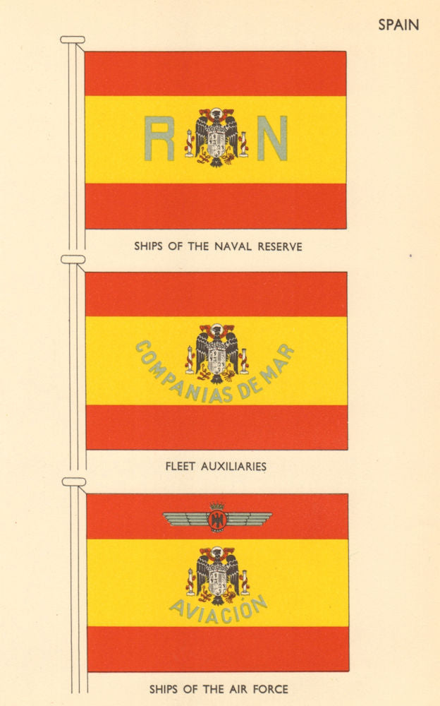 SPAIN FLAGS. Naval Reserve & Air Force ships, Fleet Auxiliaries 1956 old print